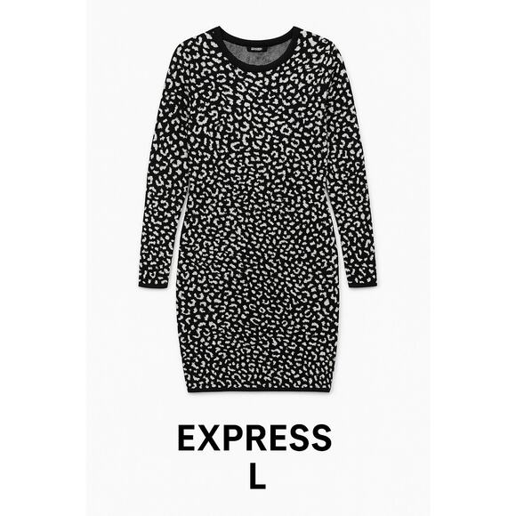 Express Leopard Print Sweater Dress Womens Size L Heavy Knit Black White - Picture 2 of 7